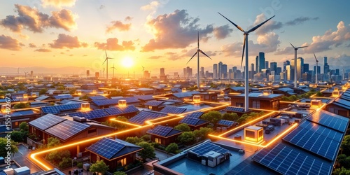 Modern smart city powered by a decentralized energy grid with solar panels and wind turbines, connected through illuminated paths symbolizing energy flow at sunset.