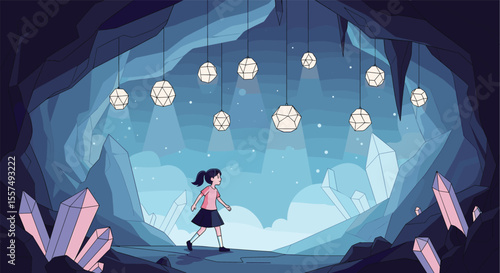 A Young Adventurer Explores a Mystical Cave Illuminated by Glowing Orbs and Crystalline Formations