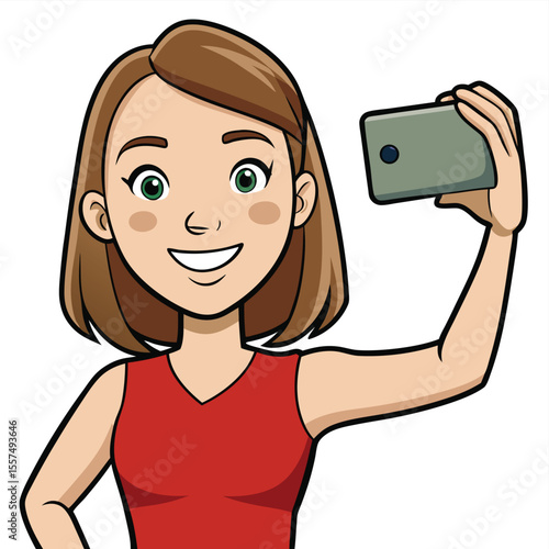 A woman takes a selfie with a wide smile, capturing a happy and confident moment on a plain background.