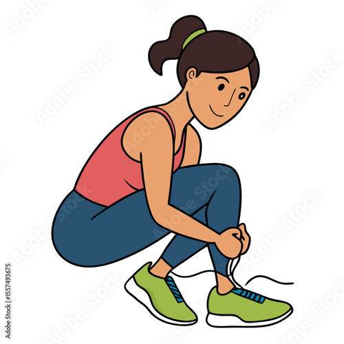 A woman ties her shoelaces before jogging, preparing for a healthy workout on a clean white background.