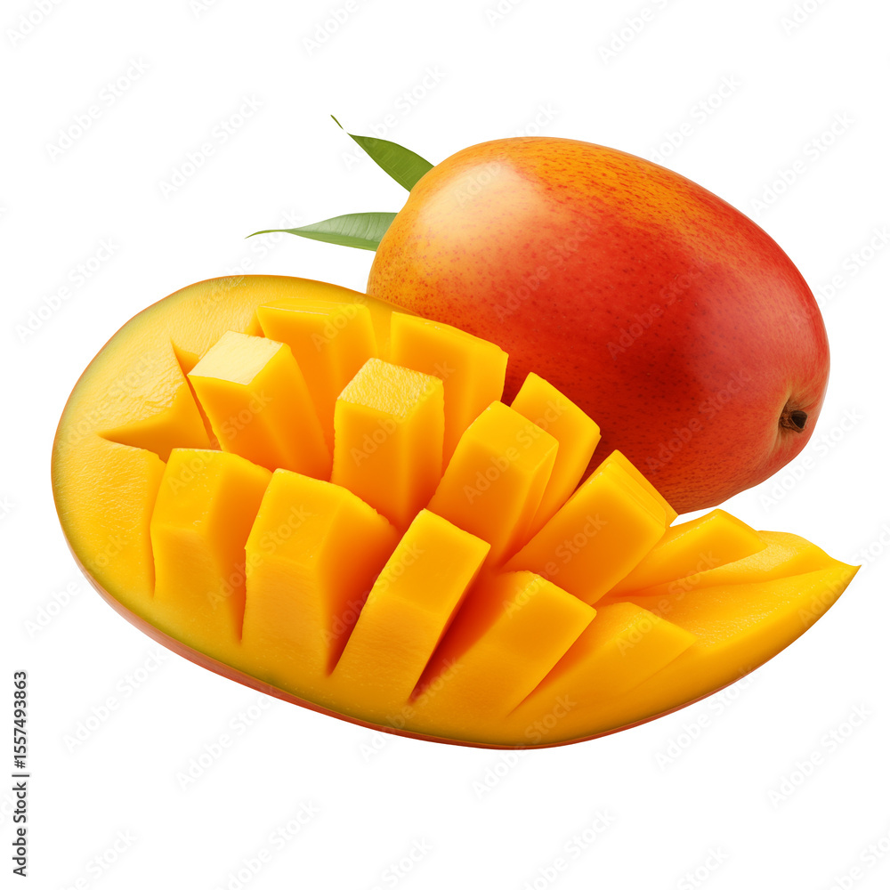 Sliced mango displays vibrant yellow cubes alongside a whole mango with leaves png isolated on transparent background. Sliced mango displays vibrant yellow cubes alongside a whole mango with leaves png isolated on transparent background.