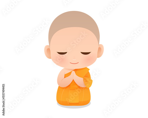 Charming cartoon of a young novice monk kneeling and praying with a serene smile, symbolizing peace, faith, and mindfulness in Buddhism. Perfect for spiritual and cultural themes. 