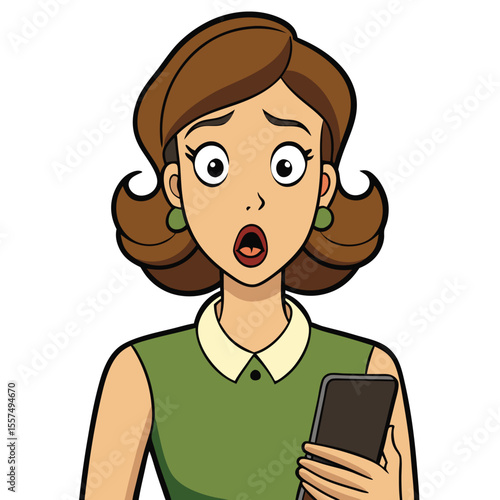 A woman with a surprised expression holds her phone, reacting to something unexpected on a plain background.