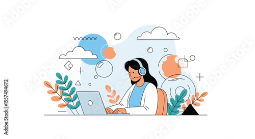 A dedicated customer service representative wearing a headset works attentively on a laptop computer surrounded by abstract shapes and decorative foliage