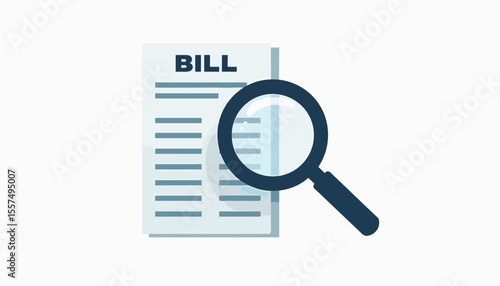 Magnifying glass inspecting bill details on white background, expense tracking