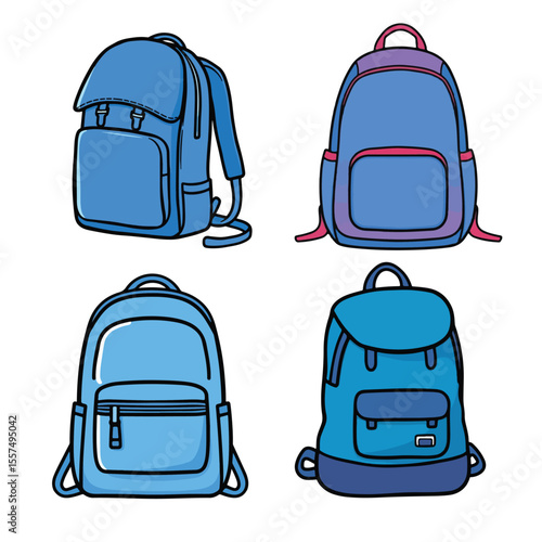 Vector art of four different blue backpacks are shown in a vector illustration isolated on white background