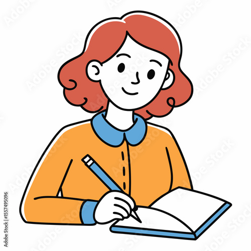 A woman writes poetry in her journal, captured in a moment of creative expression on a clean background.