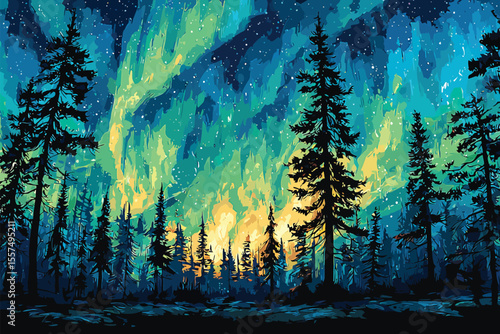Northern lights over a pine forest cold isolated