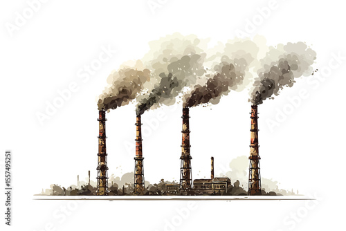 Row of factory chimneys emitting toxic smoke plant isolated