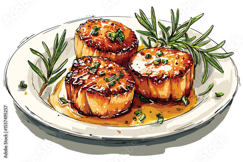 Seared scallops with sauce and petals on plate froth isolated