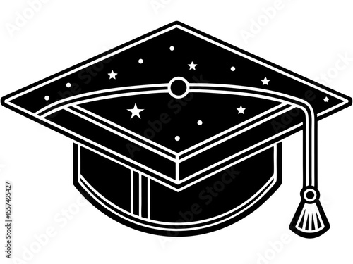 A black academic graduation cap and diploma vector icon for college success and university education