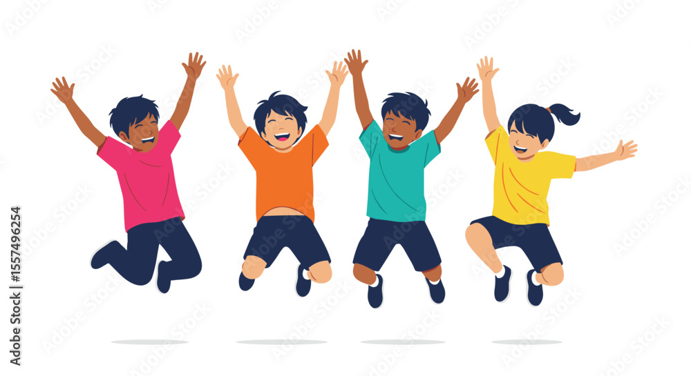 Fototapeta premium Happy diverse children jumping with joy celebrating success and friendship on a white background