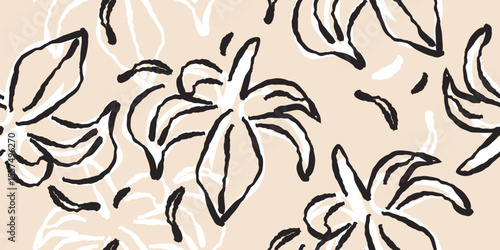 Floral seamless pattern. Abstract flowers background. Modern print in black and beige background. Ideal for textile design, wallpaper, covers, posters, cards, decoration and packaging.