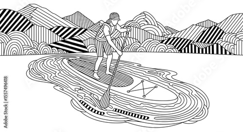 Stand up paddleboarding illustration. Person paddleboarding on calm lake surrounded by mountains.  Stylish monochrome graphic design of person enjoying water sports. the black and white coloring book 