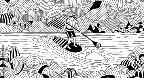 Person paddle boarding on calm water, surrounded by detailed line art mountains and clouds.the black and white coloring book illustration with paddleboarder on the lake