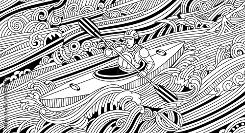 the black and white coloring book illustration with white water kayaking. Intense kayaking experience.  Kayaking image perfect for travel posters and brochures.