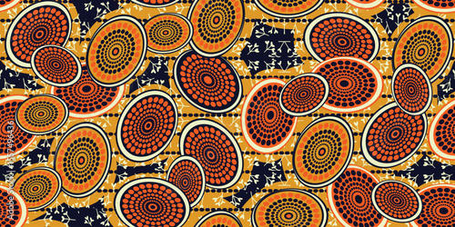 African ethnic traditional orange pattern. seamless beautiful Kitenge, chitenge style. fashion design in colorful. Geometric circle abstract motif. Floral Ankara prints, African wax prints.