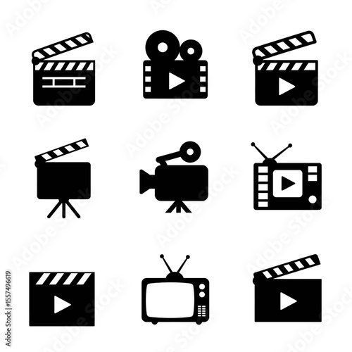 Minimal movie icons set featuring film reels, clapperboards, popcorn, 3D glasses, director chairs, and tickets — black and white line style, modern, flat vector design, suitable for UI or infographic 