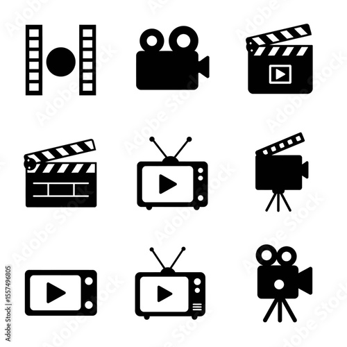 Minimal movie icons set featuring film reels, clapperboards, popcorn, 3D glasses, director chairs, and tickets — black and white line style, modern, flat vector design, suitable for UI or infographic 