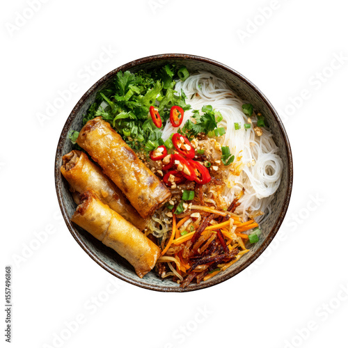 Delicious Vietnamese Spring Rolls with Rice Noodles and Fresh Herbs in a Bowl