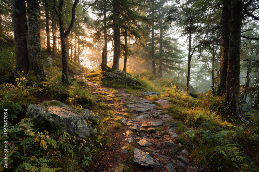 Obraz premium Winding and Rocky Road Through Misty Forest Clearing