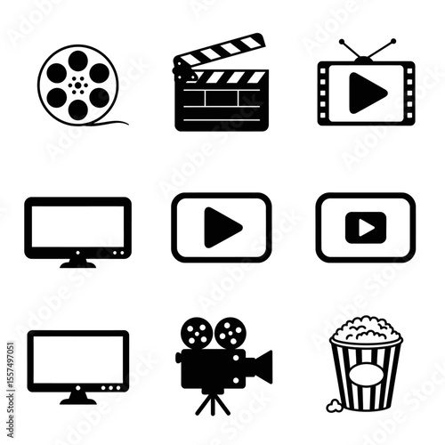 Minimal movie icons set featuring film reels, clapperboards, popcorn, 3D glasses, director chairs, and tickets — black and white line style, modern, flat vector design, suitable for UI or infographic 