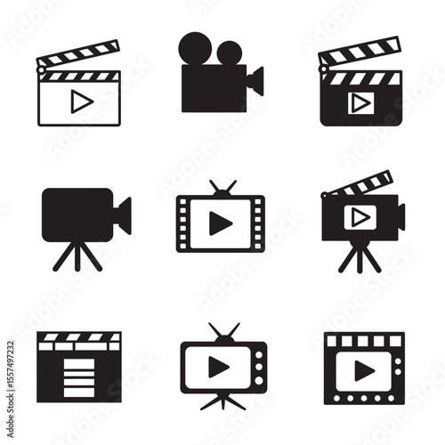 Minimal movie icons set featuring film reels, clapperboards, popcorn, 3D glasses, director chairs, and tickets — black and white line style, modern, flat vector design, suitable for UI or infographic 