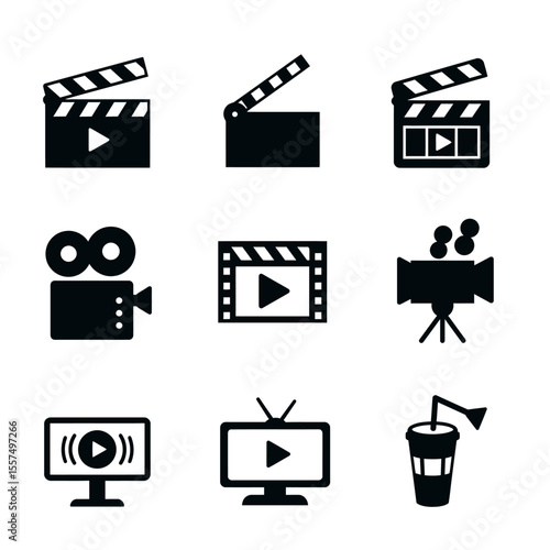 Minimal movie icons set featuring film reels, clapperboards, popcorn, 3D glasses, director chairs, and tickets — black and white line style, modern, flat vector design, suitable for UI or infographic 