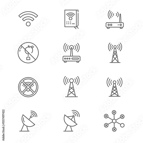 Minimal line icons of WiFi, router, satellite, network, and signal in a 3x3 grid on white background.