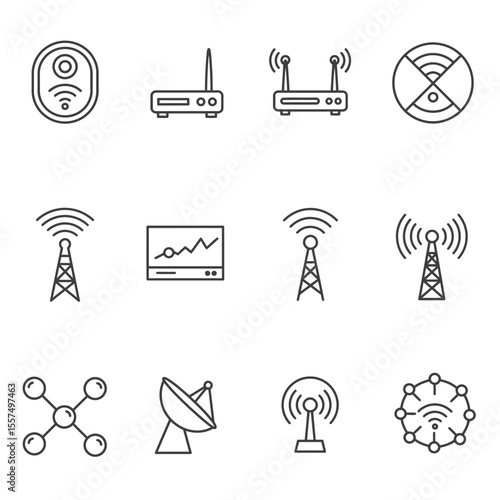 Minimal line icons of WiFi, router, satellite, network, and signal in a 3x3 grid on white background.