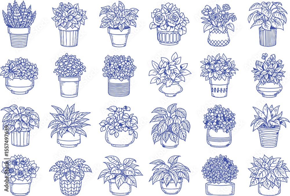 Blue Hand Drawn Potted Plant Icons Set – Decorative Indoor Houseplants Line Art Collection Blue Hand Drawn Potted Plant Icons Set – Decorative Indoor Houseplants Line Art Collection