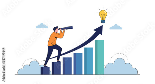 A person looks through a spyglass at a rising graph with a bright idea lightbulb symbol at the peak of success