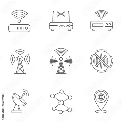 Minimal line icons of WiFi, router, satellite, network, and signal in a 3x3 grid on white background.