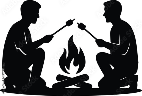 Silhouette people roasting marshmallows around campfire vector illustration