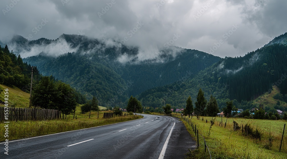 Fototapeta premium The road leads to the mountains, with tree-lined mountain roads, cloud-shrouded mountains in front of and behind, and damp asphalt pavement. Forest after rain with misty mountain background.
