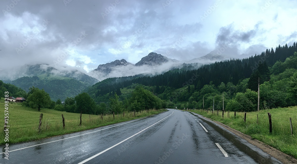 The road leads to the mountains, with tree-lined mountain roads, cloud-shrouded mountains in front of and behind, and damp asphalt pavement. Forest after rain with misty mountain background. The road leads to the mountains, with tree-lined mountain roads, cloud-shrouded mountains in front of and behind, and damp asphalt pavement. Forest after rain with misty mountain background.