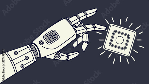12   robot hand holding a glowing security chip | Cybersecurity Vector Illustration