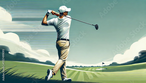 A dynamic and realistic depiction of a golfer mid-swing, captured in a bold and minimalistic style