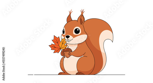 Charming Autumn Squirrel Holding Colorful Maple Leaves in its Paws Enjoying the Fall Season