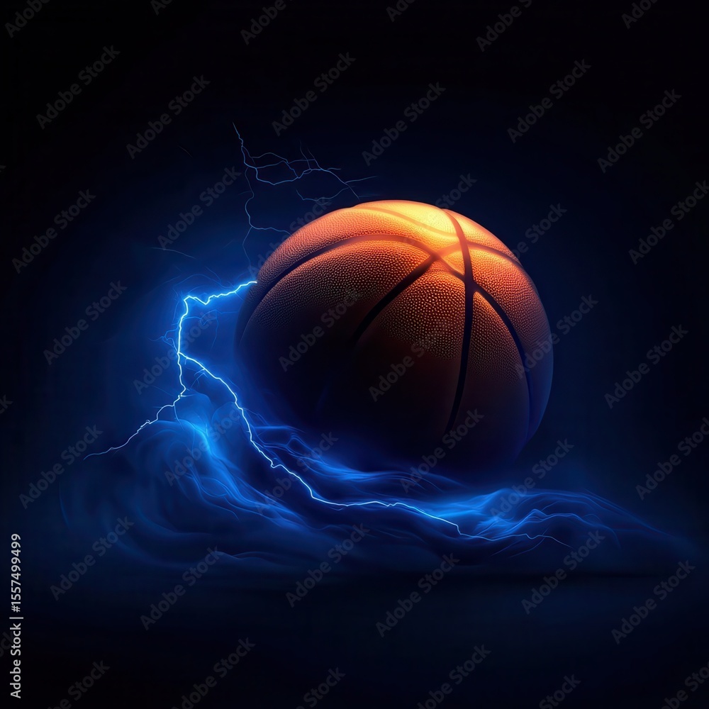 Obraz premium Basketball ball and lightning on blue background. --profile 773ghdn.