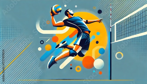 An abstract, vibrant illustration of a volleyball player in action, depicted in a bold and minimalistic style