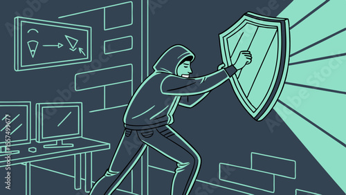 28   hacker hand blocked by energy shield wall | Cybersecurity Vector Illustration