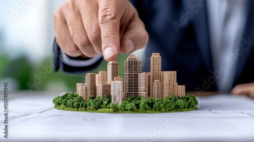 Cityscape Project: A close-up view showcasing a hand carefully positioning a miniature building, symbolizing urban planning, development, and architectural ingenuity.