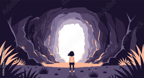 A lone traveler stands at the entrance of a vast cavern bathed in a luminous otherworldly glow facing the unknown depths ahead
