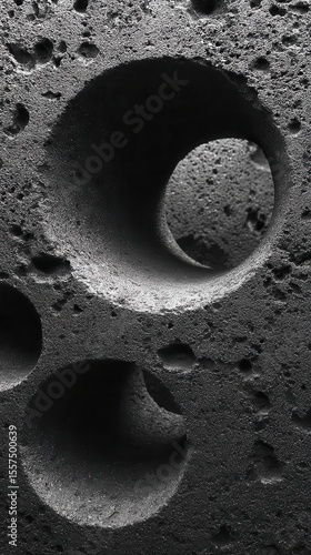Close-up view of cylindrical holes in rough, grey textured surface