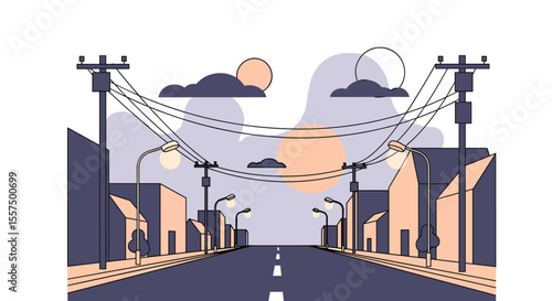 Urban street scene with power lines and clouds overhead illustrating connectivity and infrastructure development