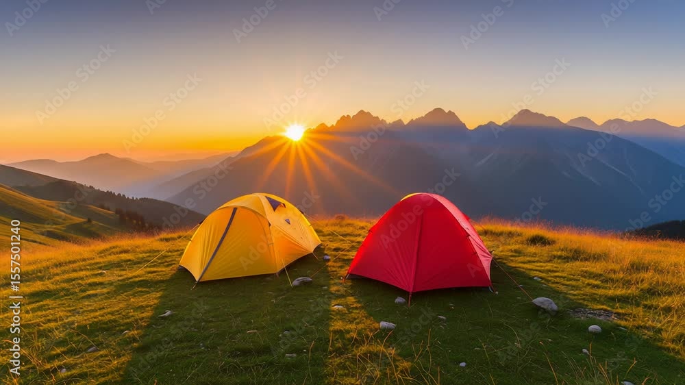 The dawn breaking over a majestic mountain range, illuminating two vibrant tents—one yellow and one red—pitched on a lush, grassy ridge. The dawn breaking over a majestic mountain range, illuminating two vibrant tents—one yellow and one red—pitched on a lush, grassy ridge.