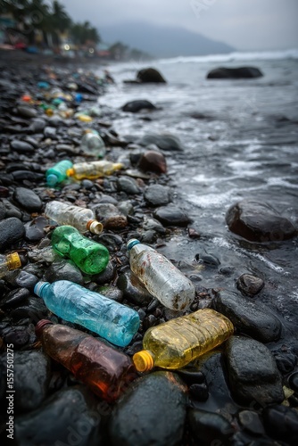 Coastal trash on black rocks with ocean waves, global pollution