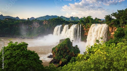 Waterfall cascading majestically into the river below, illuminated by golden sunlight.