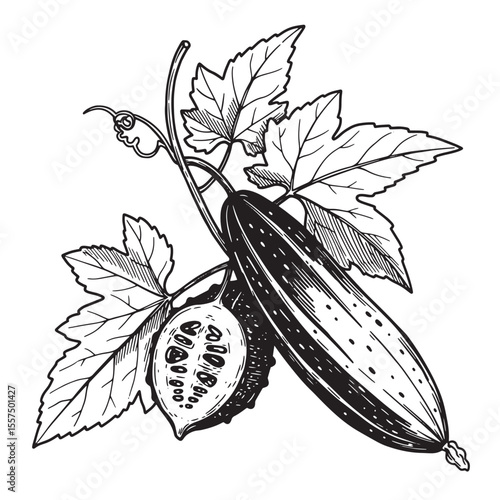 Bitter melon illustration with vine and leaves vintage art silhouette